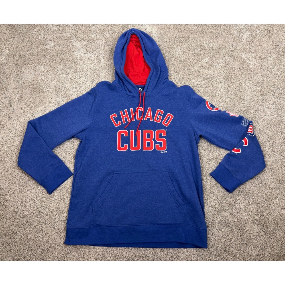 Majestic Hoodie Mens Large Blue Chicago Cubs MLB Sleeve Graphics
